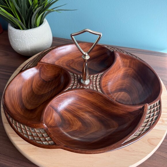 Vintage Divided Serving Tray MCM byCalifornia 328-USA Wooden Look With Handle & - Picture 1 of 14
